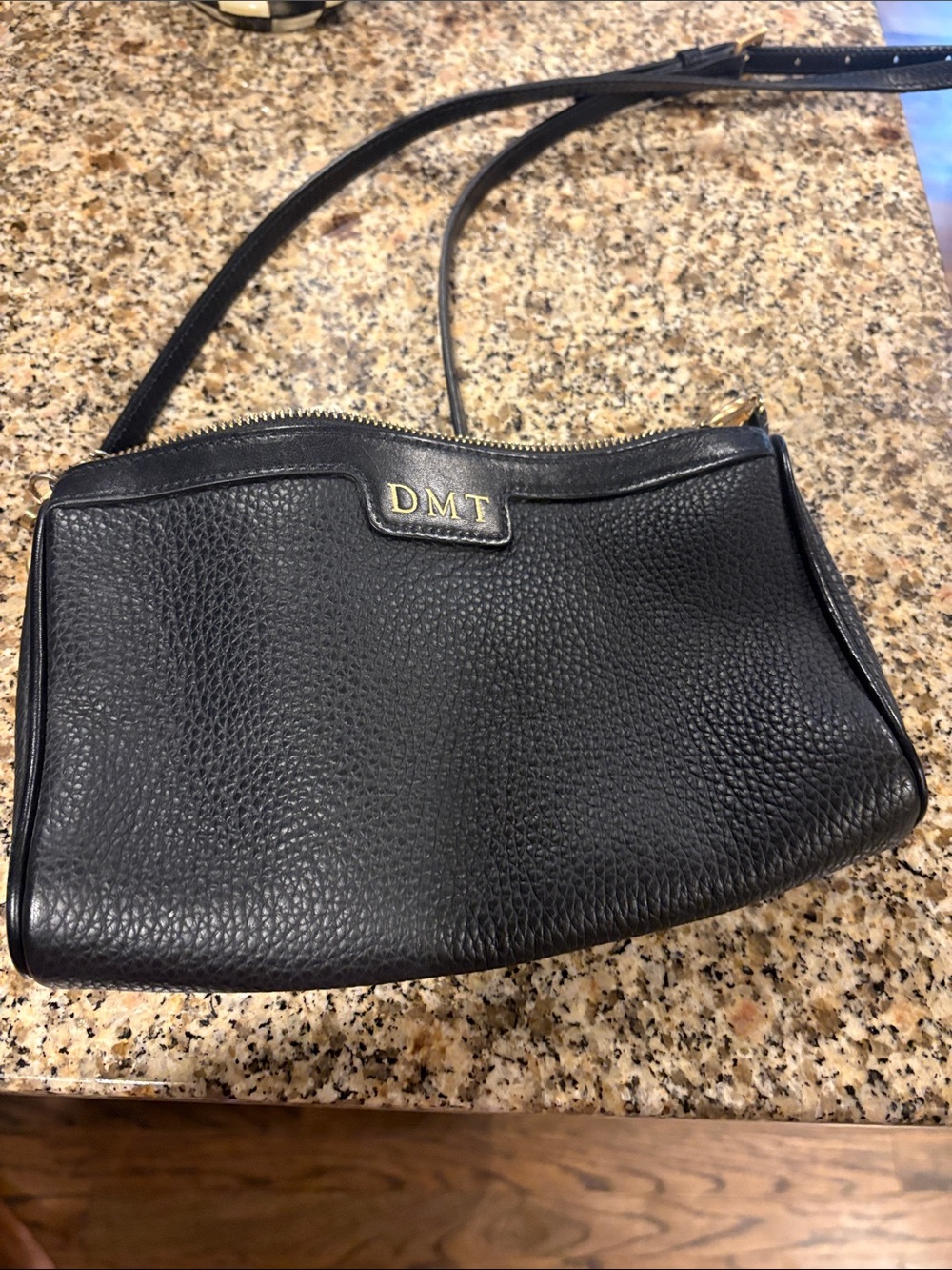 GiGi New York Black Pebbled Leather Crossbody with Gold Initial Plaque